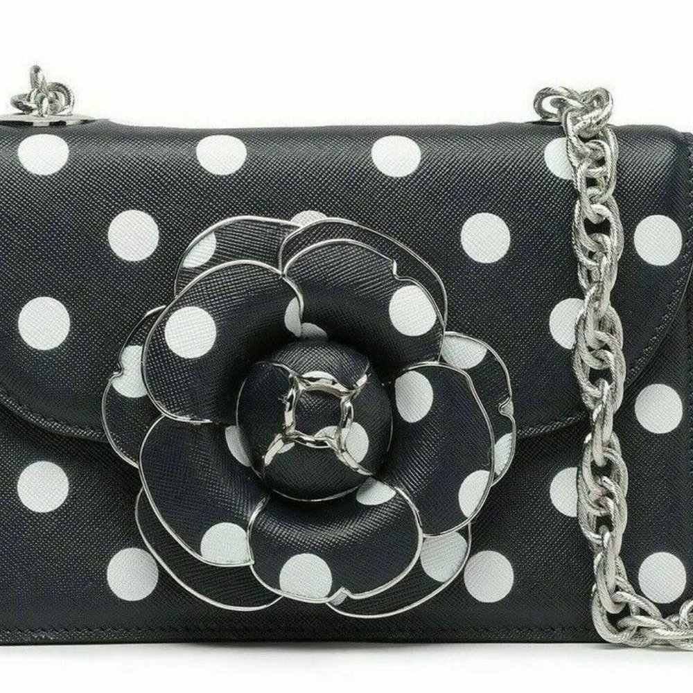 Oscar de la Renta TRO Crossbody Bag Leather Polka Dot Navy White - $2690 + Tax